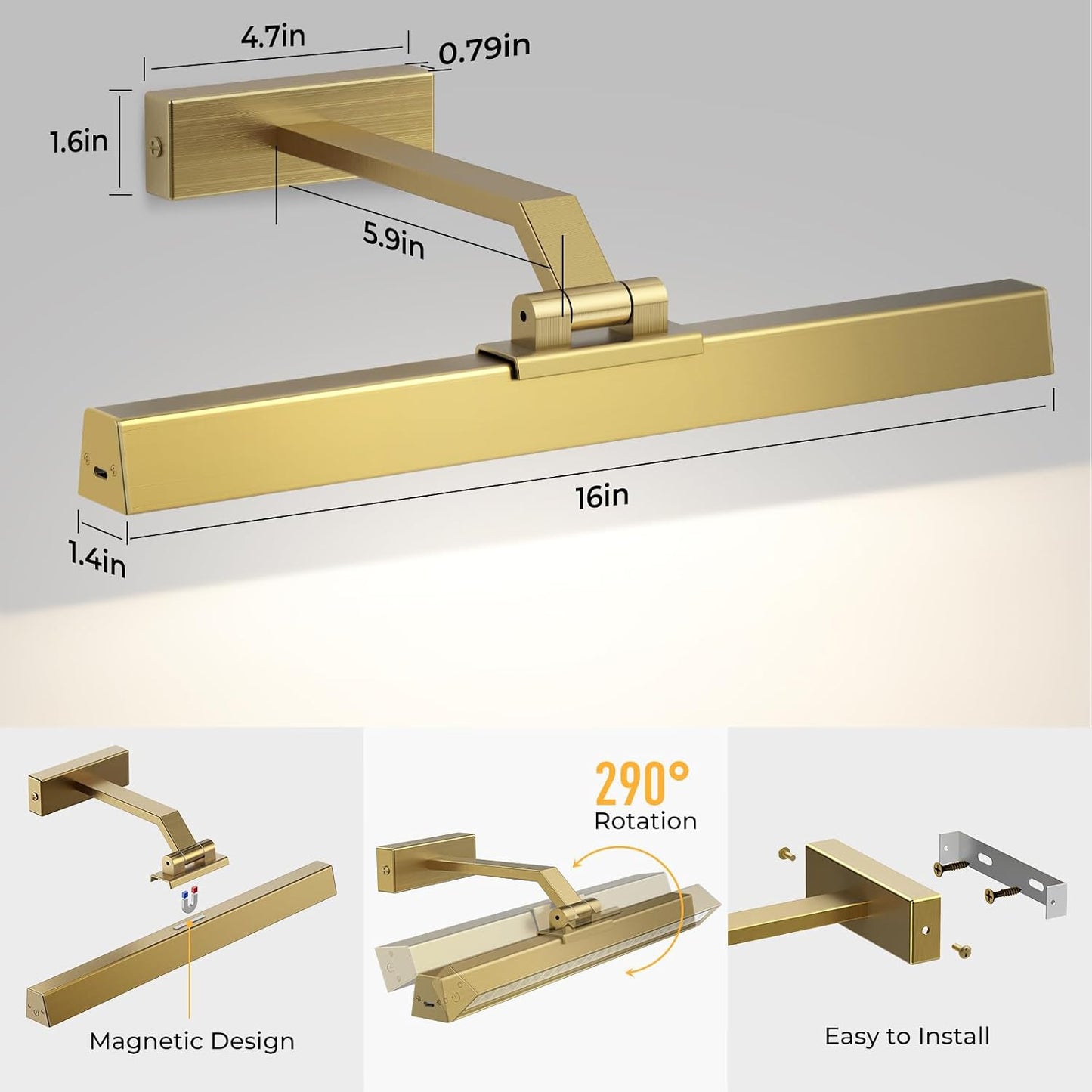 Picture Lights for Wall, Brushed Gold Battery Operated Picture Light 16in Art Light CCT Dimmable Recharging Battery