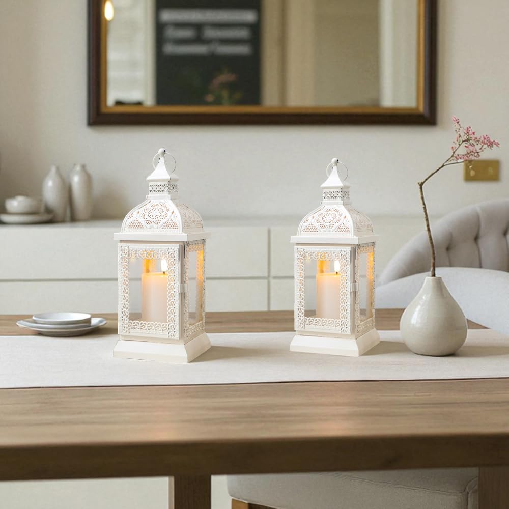 TRIROCKS Set of 2 Rustic Style Metal Candle Lantern 13'' High Decorative Outdoor Lantern Candle Holder with Tempered