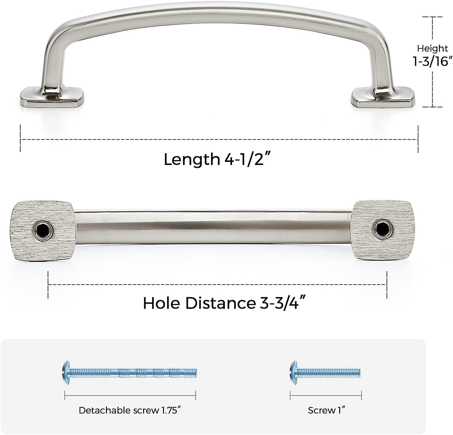 Arch Cabinet Pulls Solid 3-3/ Kitchen / Brushed Nickel / 3-3/4 Inch Hole Center / 4 Inch / Set of 10
