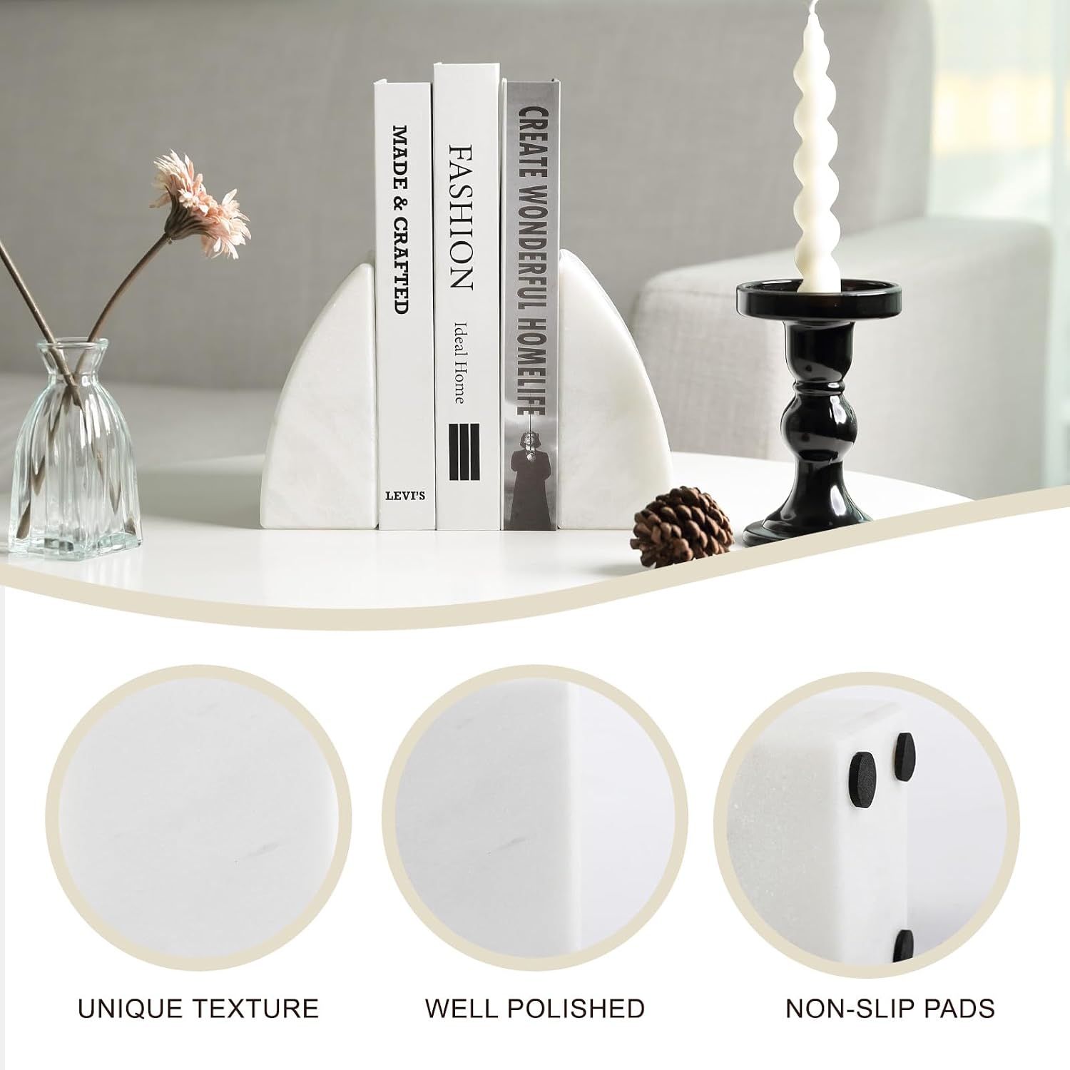 Marble Bookends / Large Bookends for Heavy Books / Sail-white