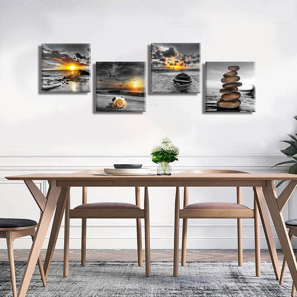 Black and White Gold Beach Wall Art Ocean Canvas / Ablack and White / 12 x 12 / Inches x / Set of 4