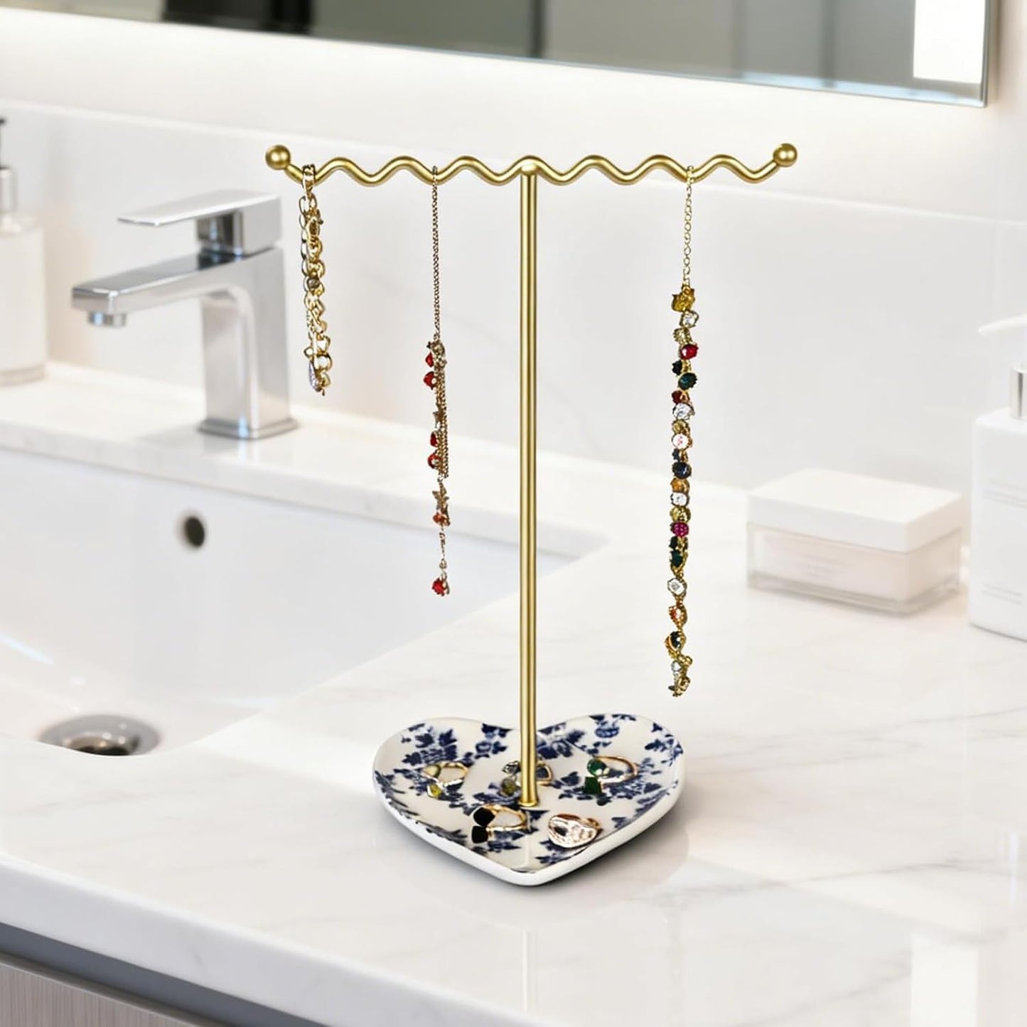 Ceramic Tray / Metal Necklace Holder Organizer for Rings Bracelets Earrings / Blue & White
