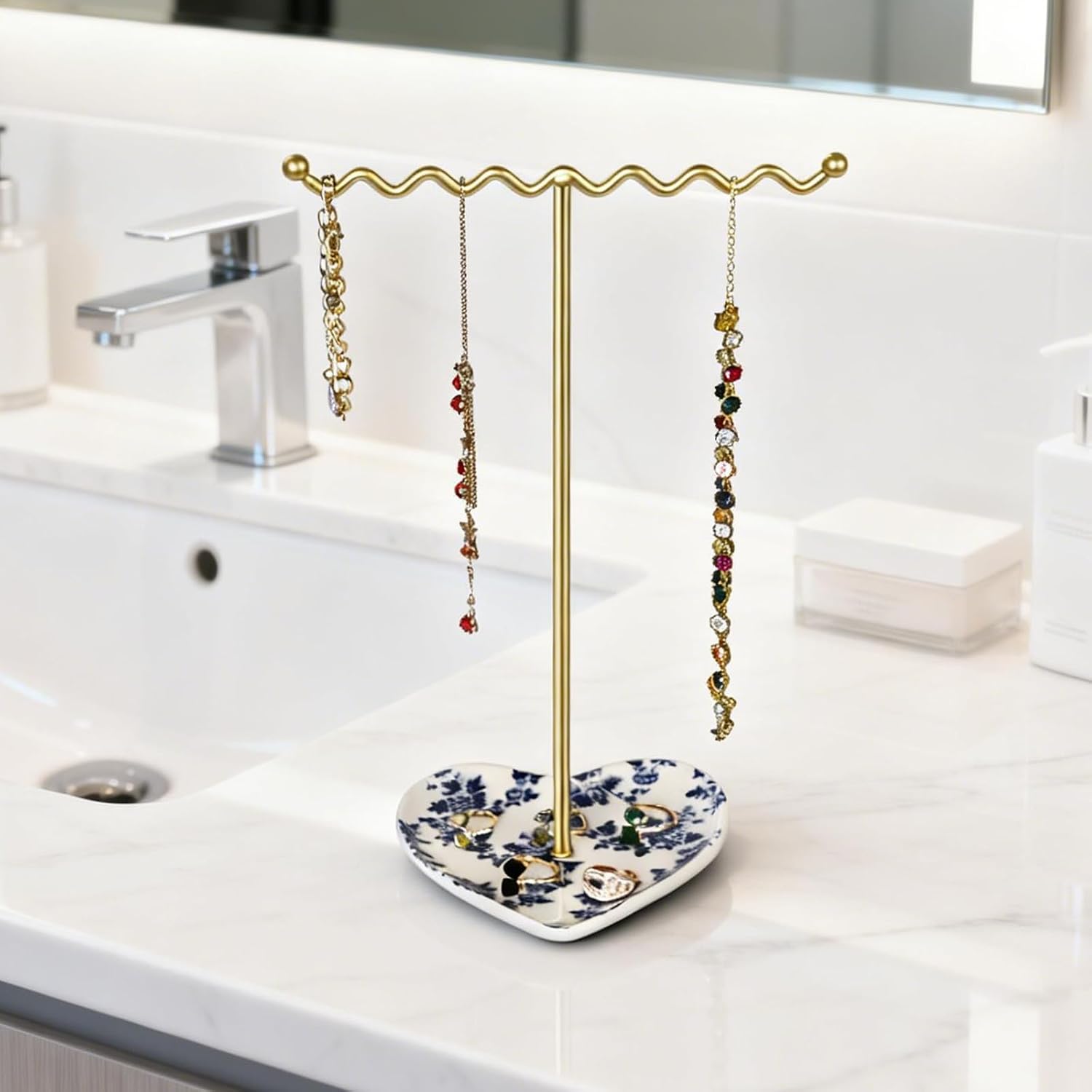 Ceramic Tray / Metal Necklace Holder Organizer for Rings Bracelets Earrings / Blue & White