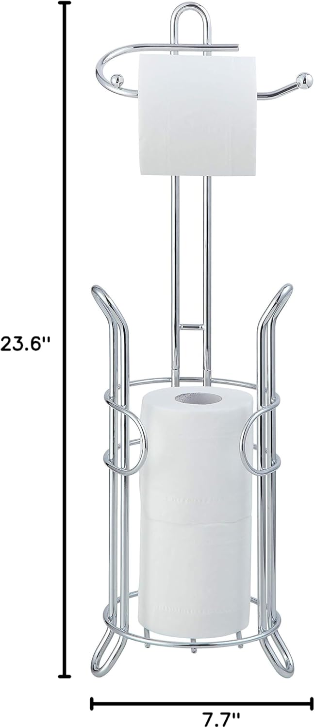 SunnyPoint Freestanding Toilet Paper Holder with Storage – Holds 3 Spare Rolls, Heavy-Duty Steel, Chrome Finish, Easy