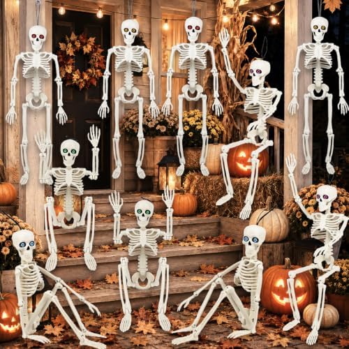 10 Pack Halloween Skeleton Decor 16" with Eyes & Box (White)
