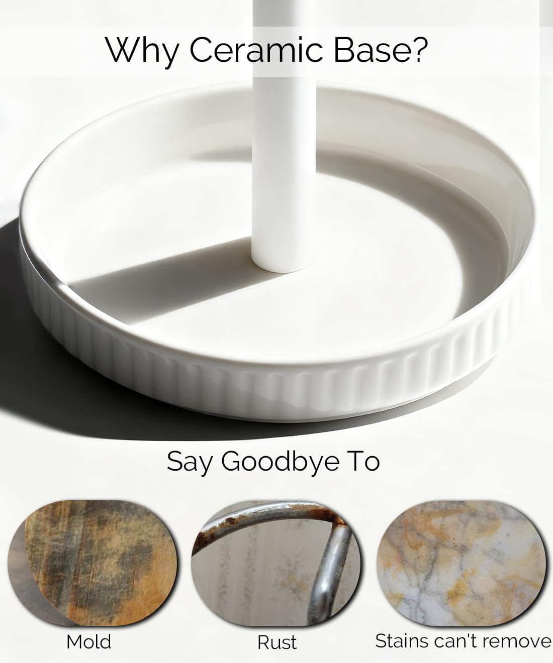 Paper Towel Holder, Ceramic Heavy Plate Base Wobble-Free, Roll Stand-White | Effortless Cleaning and Easy to Assemble