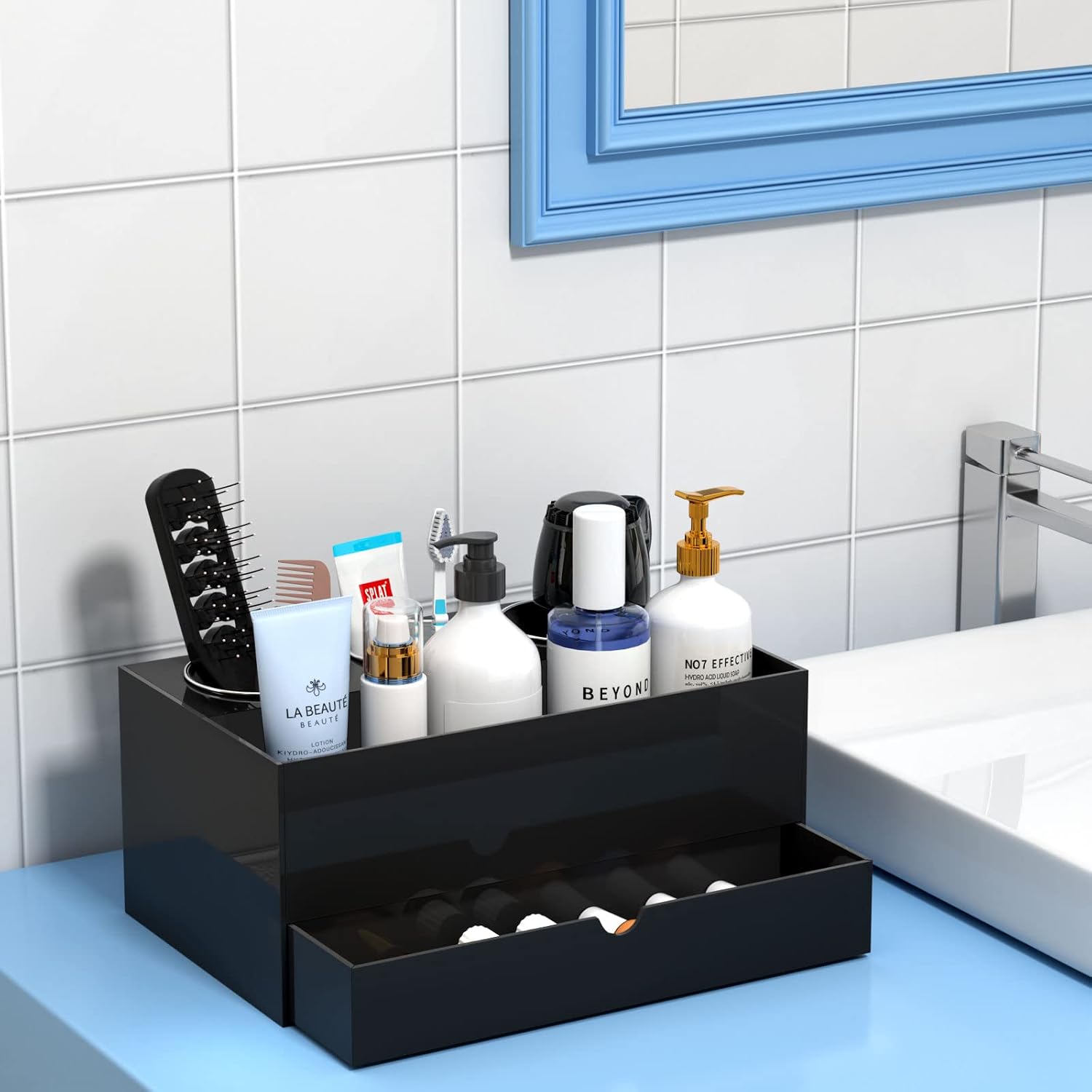 NIUBEE Acrylic Hair Tool Organizer with Drawer, Hair Dryer Holder Organizer | Black, Hot Tools Organizer Countertop