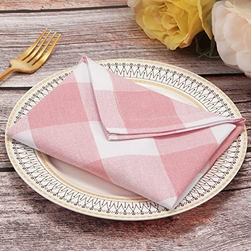 Cotton Blend Buffalo Plaid Table Napkins (Set of 12), 20 x 20 Inch Washable Dinner Napkins, Buffalo Checks Cloth Napkins for Restaurant, Wedding, Holiday, Farmhouse，Peach Pink/White