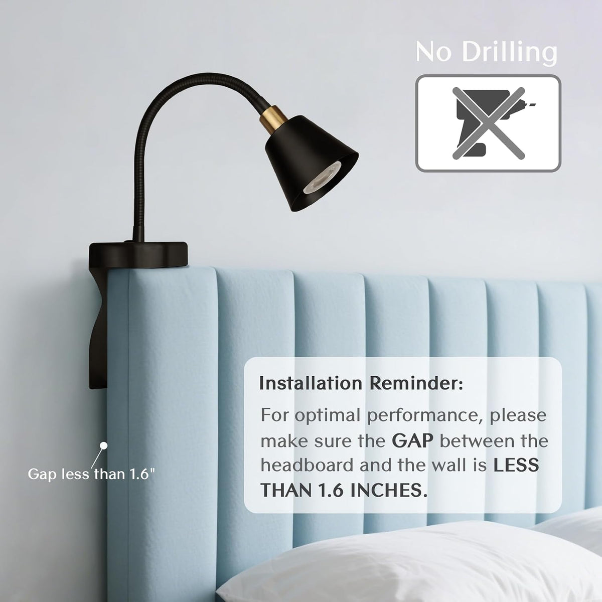 Patented Innovative Design Headboard Reading Light. No Drilling Golden Book Light for Bedtime Reading. Dimmable LED