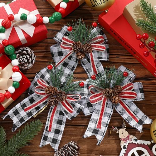 Moucuny 6 Pcs Christmas Burlap Bows Black White Buffalo Plaid 5 x 6 Inch
