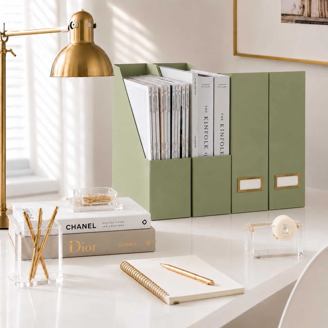 BLU MONACO | Set of 6 Foldable Magazine File Holders in Earth Green | Heavy-Duty Vertical File Organizers with Label