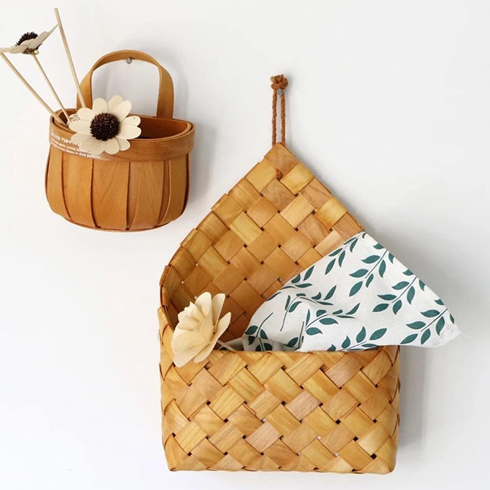 Wood Woven Wall Hanging Basket Storage Organizer / Natural