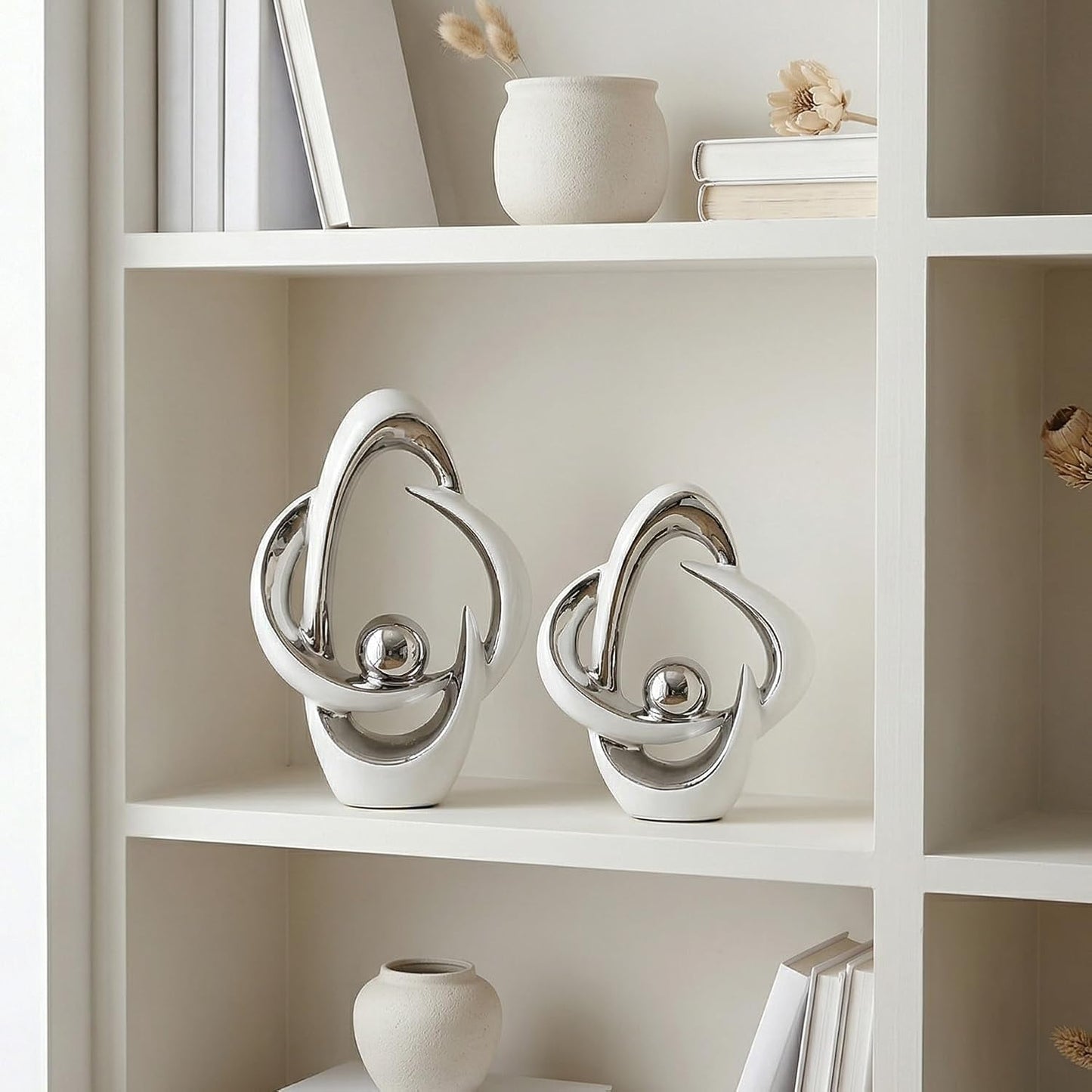 Ceramic Statues Home Decor Modern Aesthetic Abstract Art Decorative / White and Silver / Set of 2