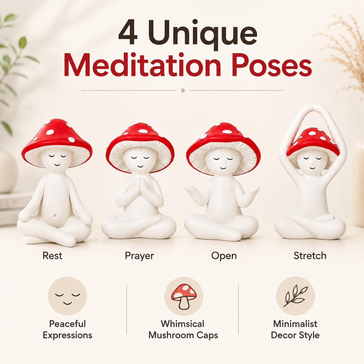 Meditation Mushroom Statue Yoga Mushroom Figurine Tabletop Decor / Red / Set of 4