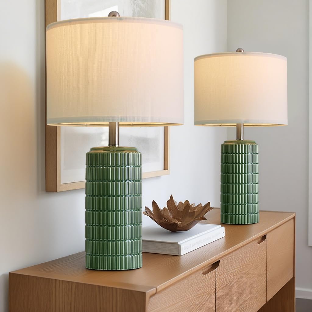 PoKat 24" Modern Ceramic Table Lamps Set of 2 for Bedroom, Green Bedside Lamps for Night Stands, Farmhouse House Decor