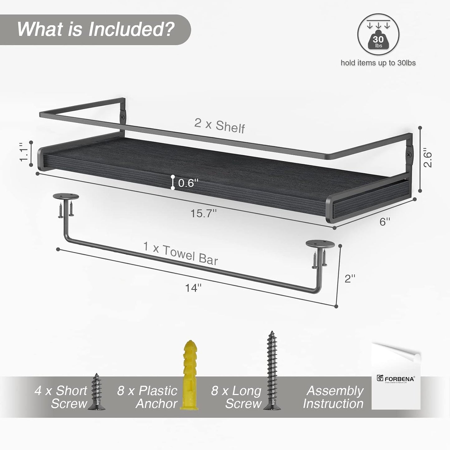 Forbena Black Floating Shelves for Bathroom Wall Set of 2, Kitchen Spice Rack Wall Mount, Modern Wood Hanging Wall
