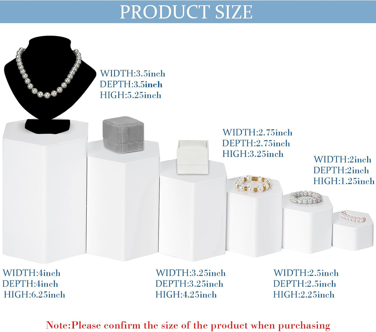 Hexagonal Jewelry Display Risers Hexagonal Market Display Risers Stands Acrylic / White / Set of 6