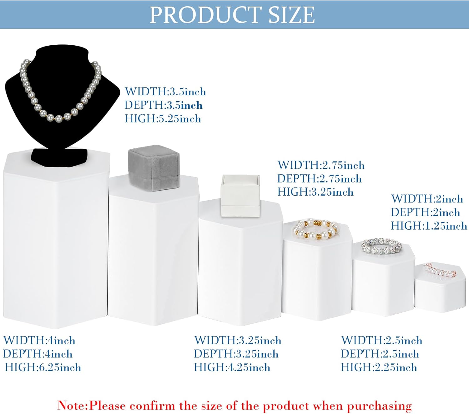 Hexagonal Jewelry Display Risers Hexagonal Market Display Risers Stands Acrylic / White / Set of 6