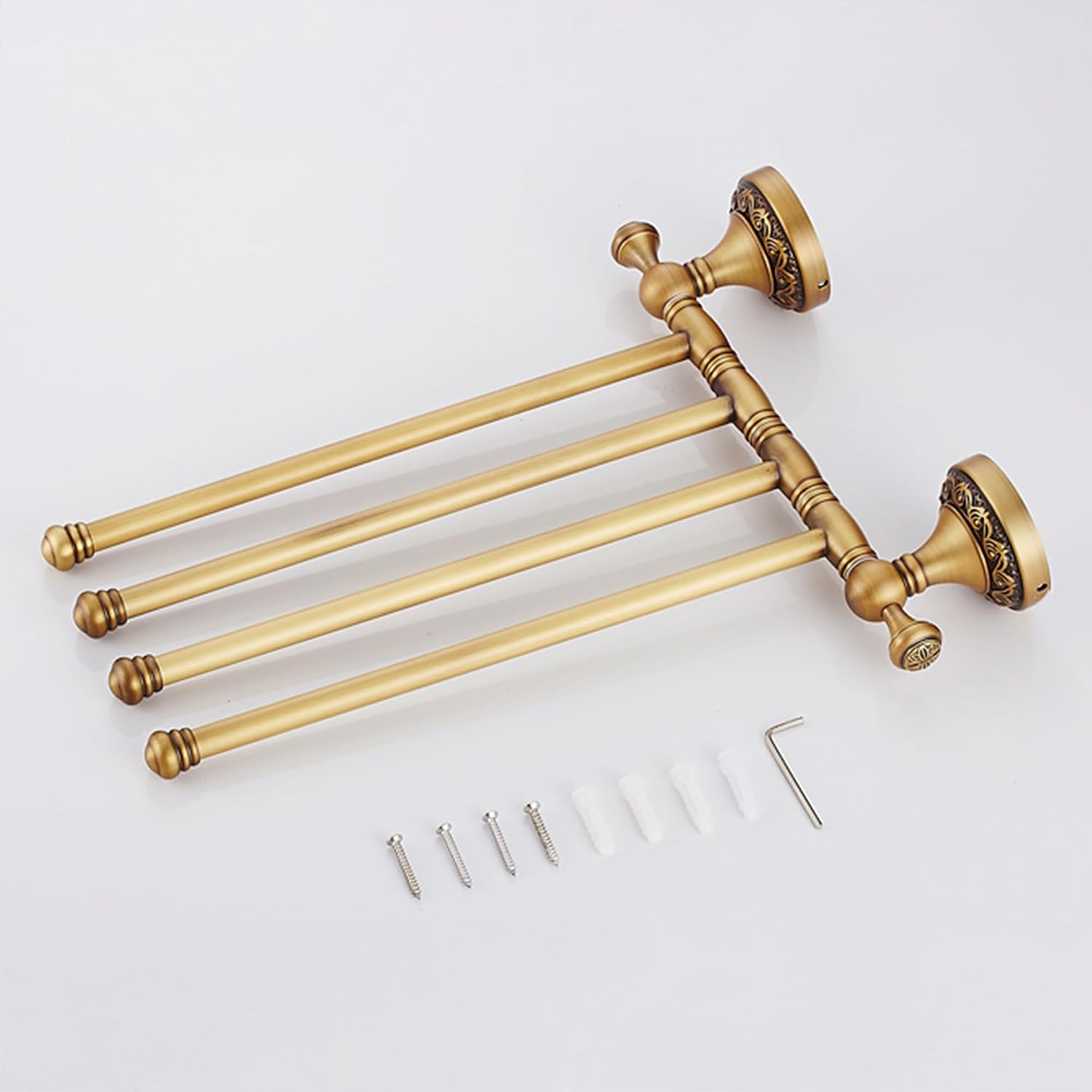 Wall Mounted Bathroom Folding Towel Rack, 4 Towel Bars Antique Brass Pattern Carving,Brushed Bronze
