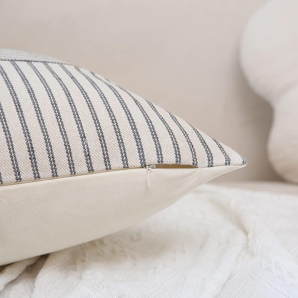 Farmhouse Throw Pillow Covers Striped Linen Decorative Pillows Case / Grey / 18 x 18 / Set of 2