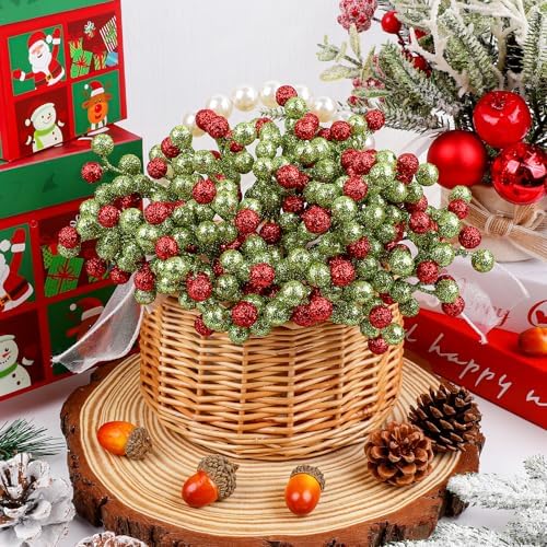 Fangoo 20 Pack 7 Inch Artificial Green Red Berry Picks for Christmas Tree Burgundy Green Red Berries Stems Holly Berry Branches Ornaments Wreath Crafts Wedding Holiday Season Winter Home Decor