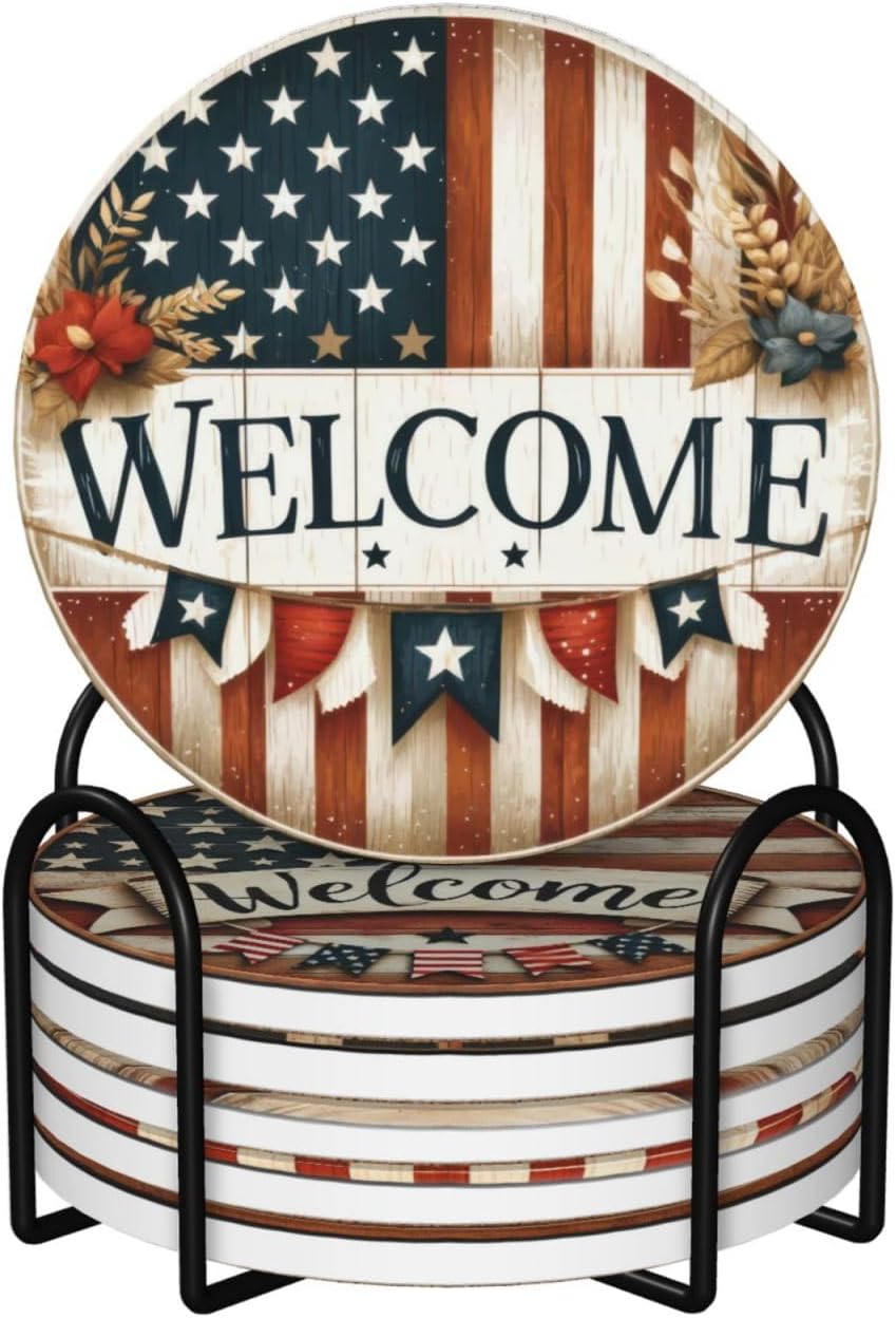 Holder / USA Flag Ceramic Drink Coaster / American Flag / Set of 6