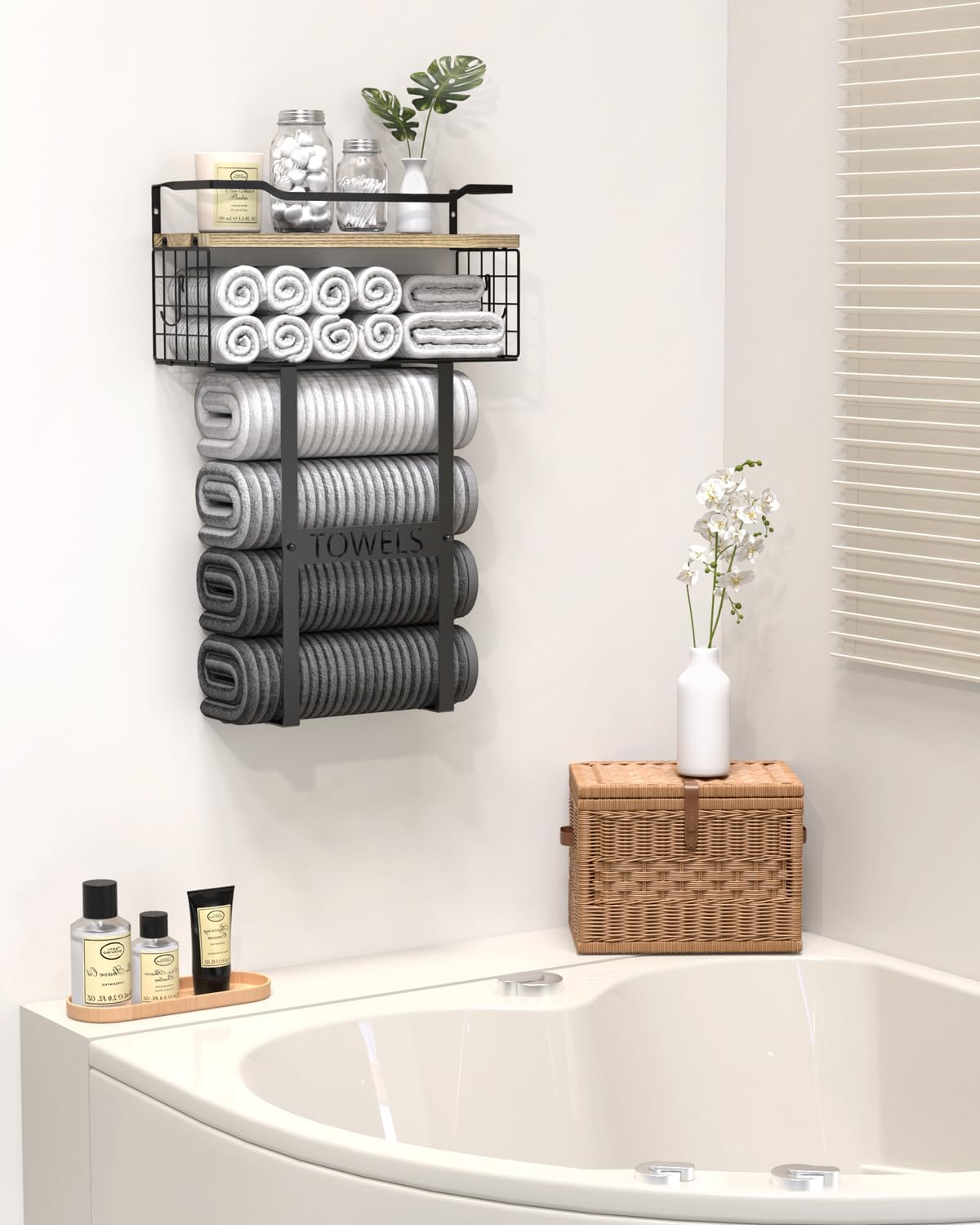 Towel Racks for Bathroom Wall Mounted - Bath Wall Towel Holder Set Above Toilet Storage, Rolled Towel Shelf Organizer