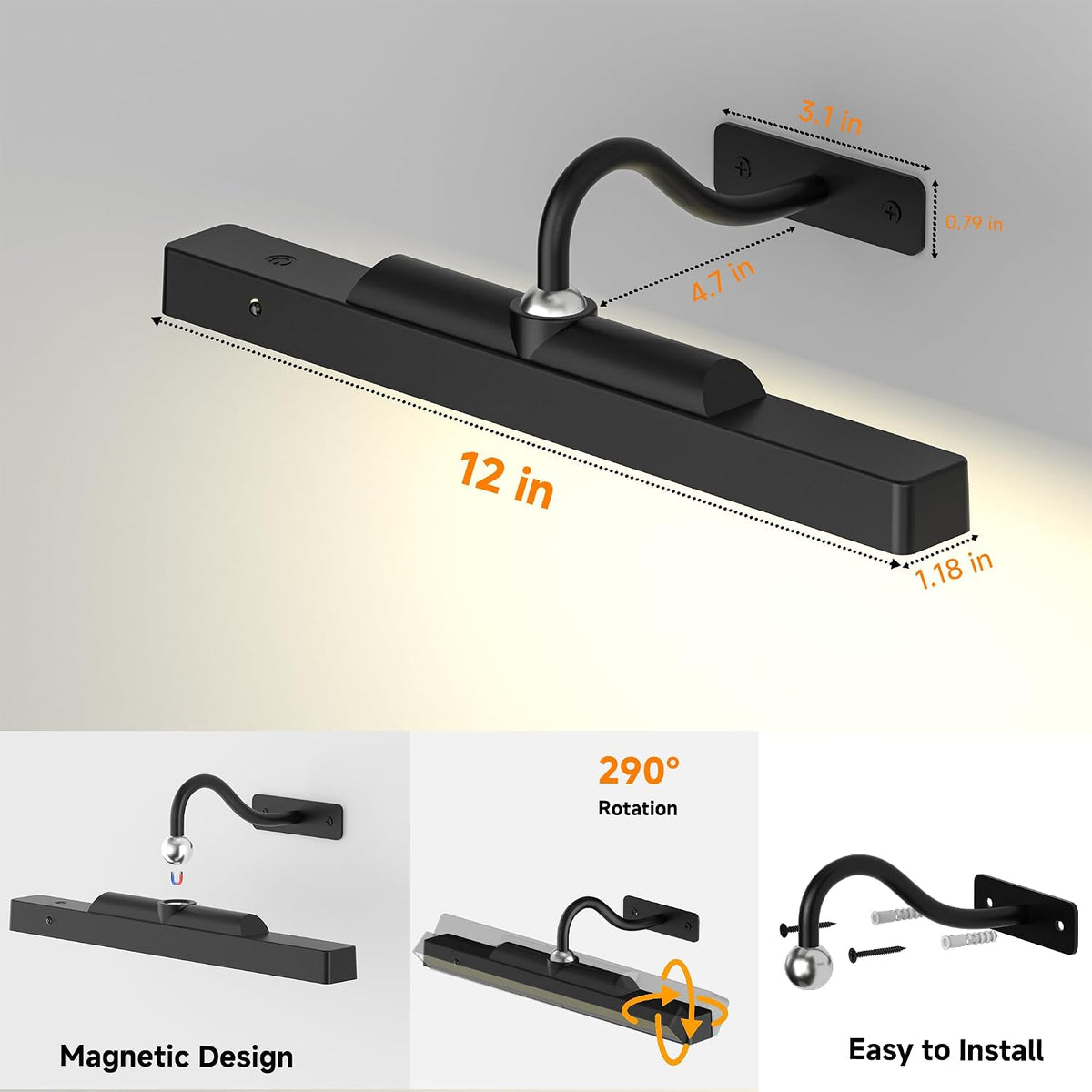 Picture Light, 4400mAh Black Rechargeable Battery Operated Wireless Art Light, Cordless Dimmable Remote Magnetic