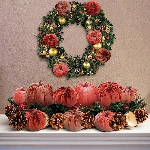 Woration 18pcs Velvet Pumpkin Decor Mix Size Fake Faux Foam Fabric Pumpkins