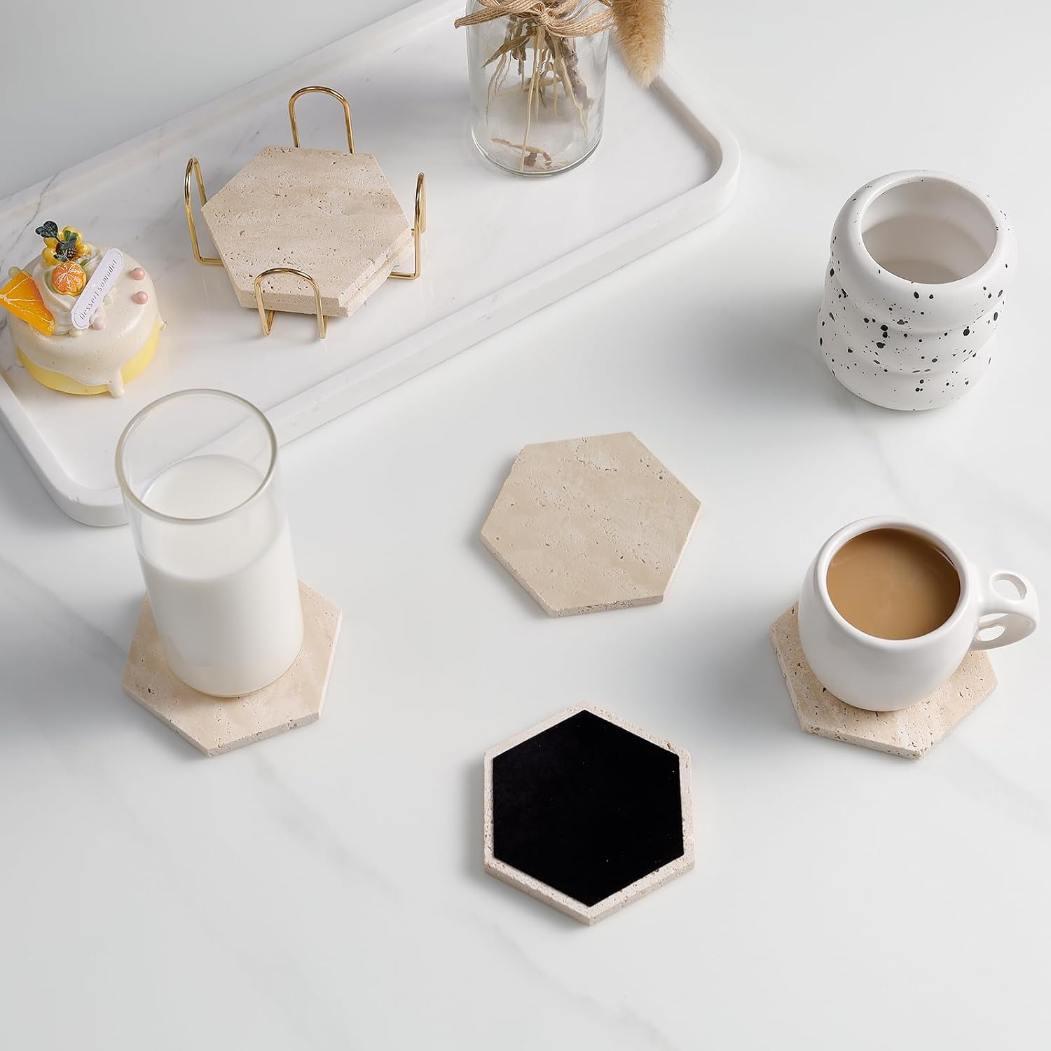 Holder / Hexagonal Rustic Farmhouse Marble Drink Coasters / 02 - Hexagon / Beige / Set of 6