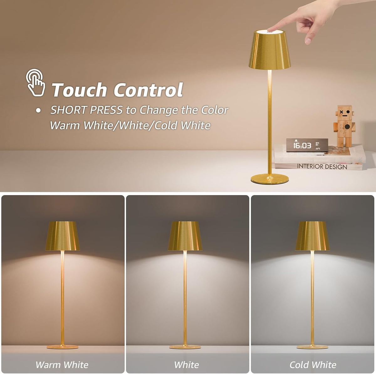 uuffoo 2 Pack Rechargeable Cordless Table Lamps, 5200mAh Battery Operated Lamp Portable Waterproof, Stepless Dimmable