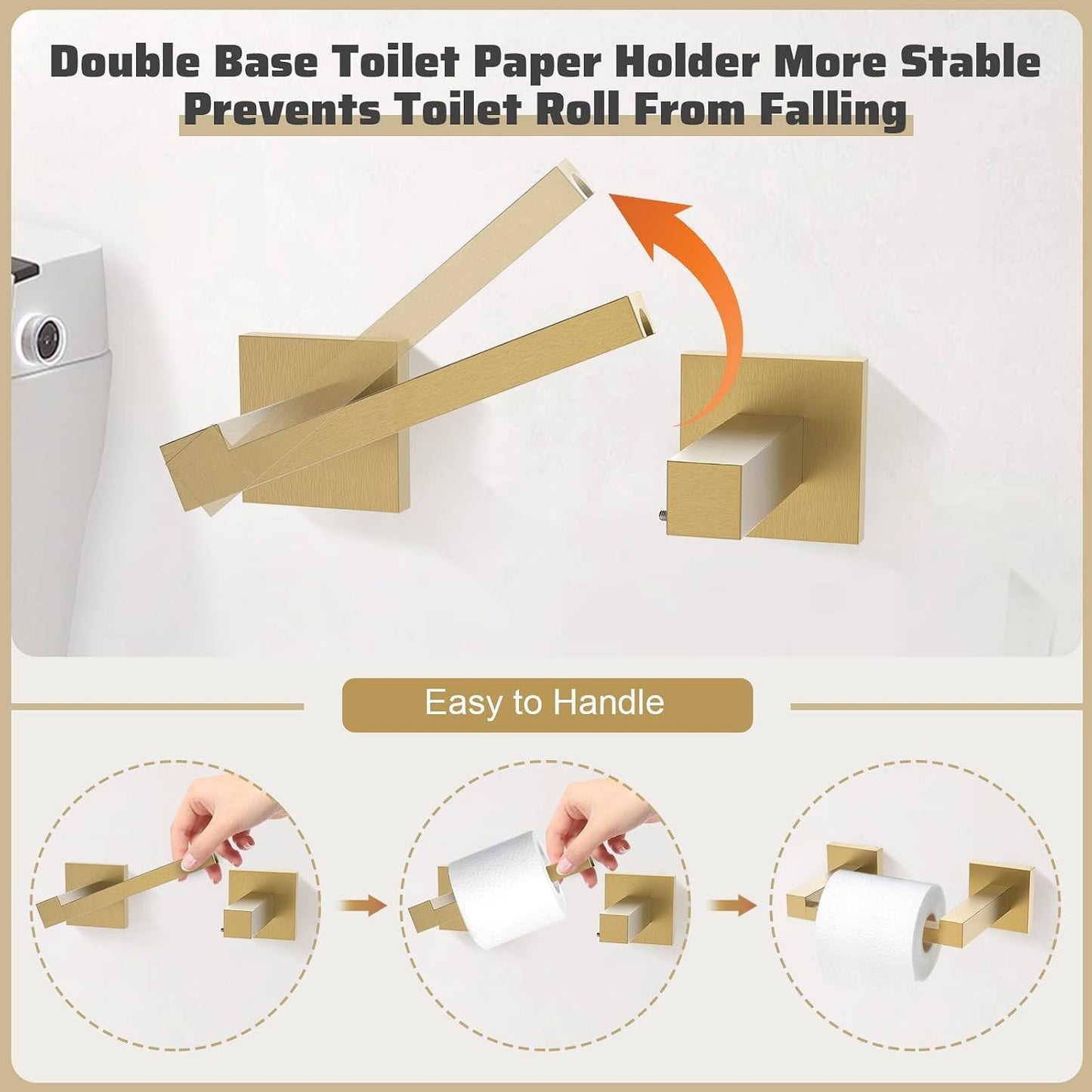 5-Piece Towel Bar Set Brushed Gold Bathroom Hardware Accessories Set Includes Upgraded Double Base Toilet Paper
