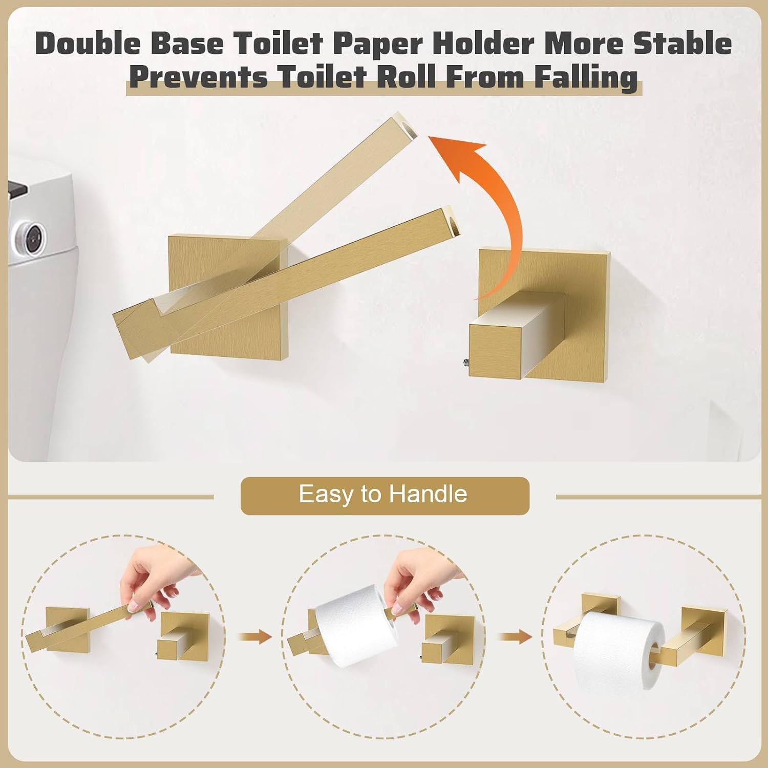 5-Piece Towel Bar Set Brushed Gold Bathroom Hardware Accessories Set Includes Upgraded Double Base Toilet Paper