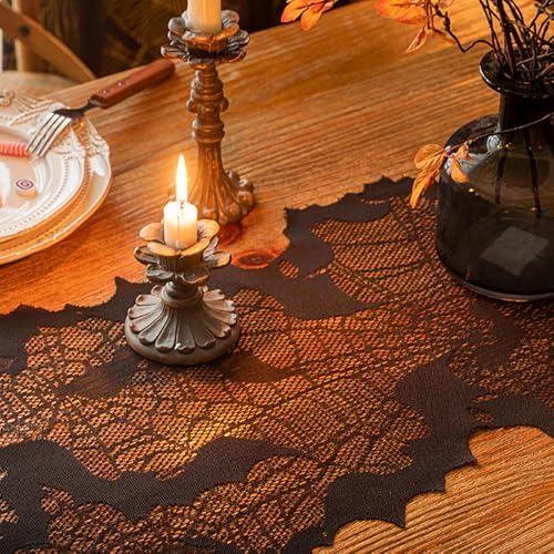 Halloween Table Runner - Black Lace with Spider Web & Bat Design, Elegant Lace Runner for Halloween Parties, Weddings & Spooky Home Decor (Purple Spider Web)