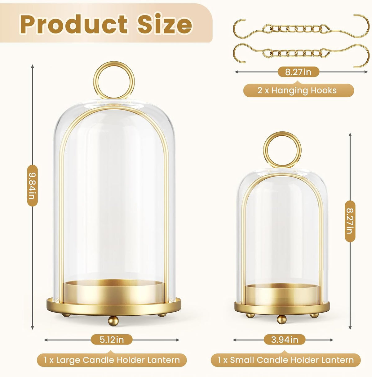 Metal Candle Holder, 5"&4" Wide Hurricane Glass Candle Holders with Handmade Glass Dome, Hanging Brass Candle Lantern