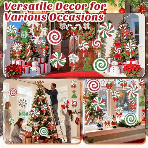 18Pcs Candy Christmas Decorations Outdoor Large Hanging Candy Cane Paper Ornaments Merry Xmas Peppermint Signs Decor Double Sided Printing for Outside Yard Tree Indoor Home Office Winter Holiday Party