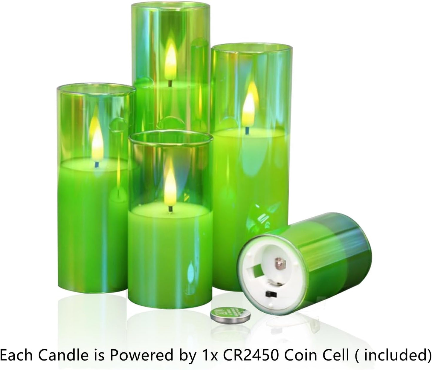 Green Glass LED Pillar Candles with Remote Batteries Set of 5 | Flickering Slim Tall LED Candles, Fireplace Home Table