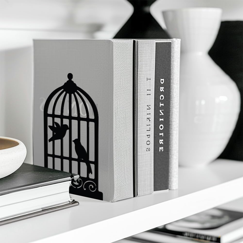 Metal Bookends / Modern Decorative Heavy Duty Study Book Support Stoppers / Birdcage and Bird