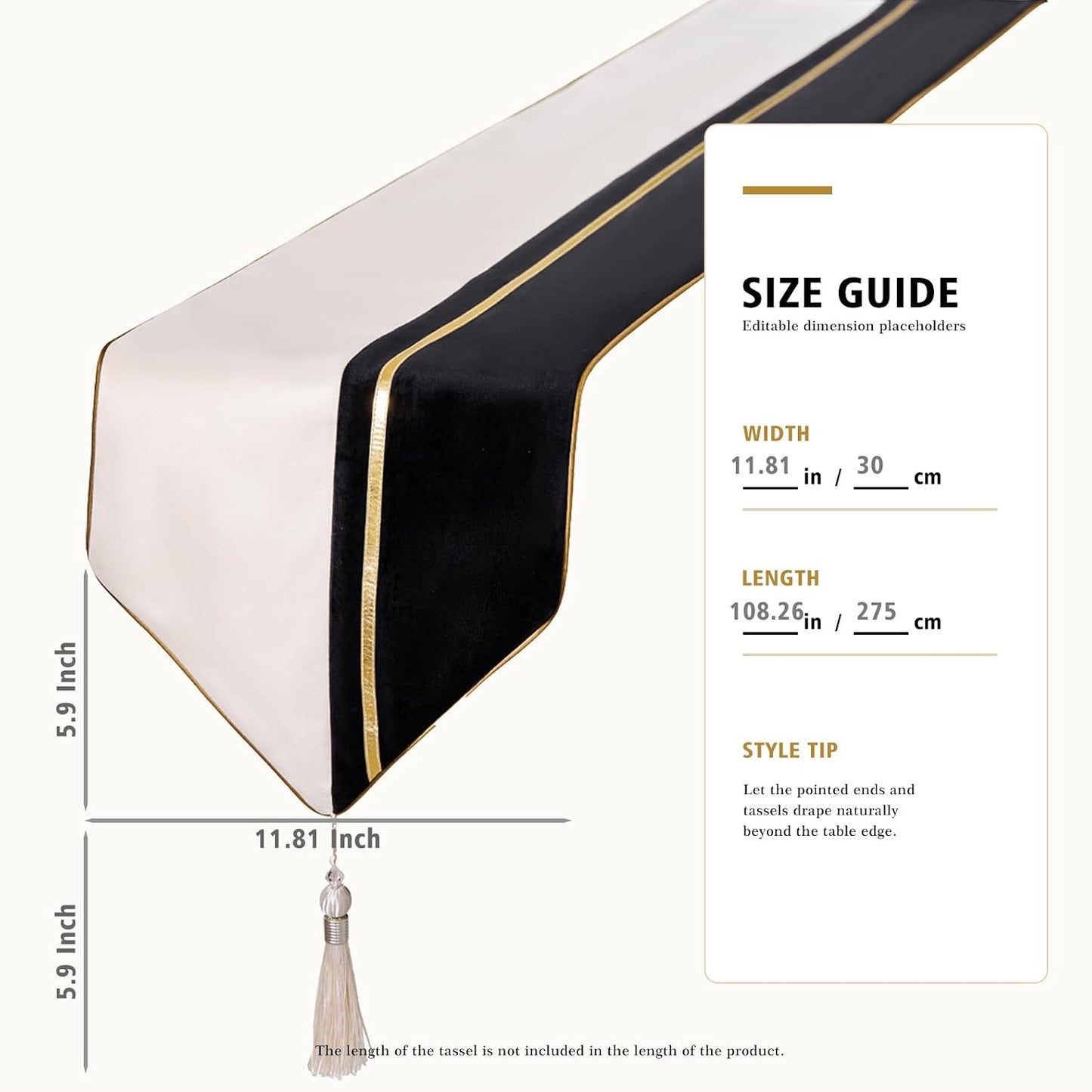 Avigers Table Runner 12 x 108 Inch, Black Gold, Geometric, Tassels | Faux Silk double-layer accent for dining rooms
