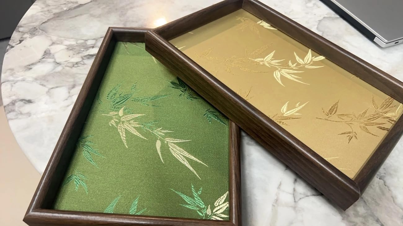 Bamboo Embroidered Decorative Tray Wooden Catchall Tray for Dresser / Green