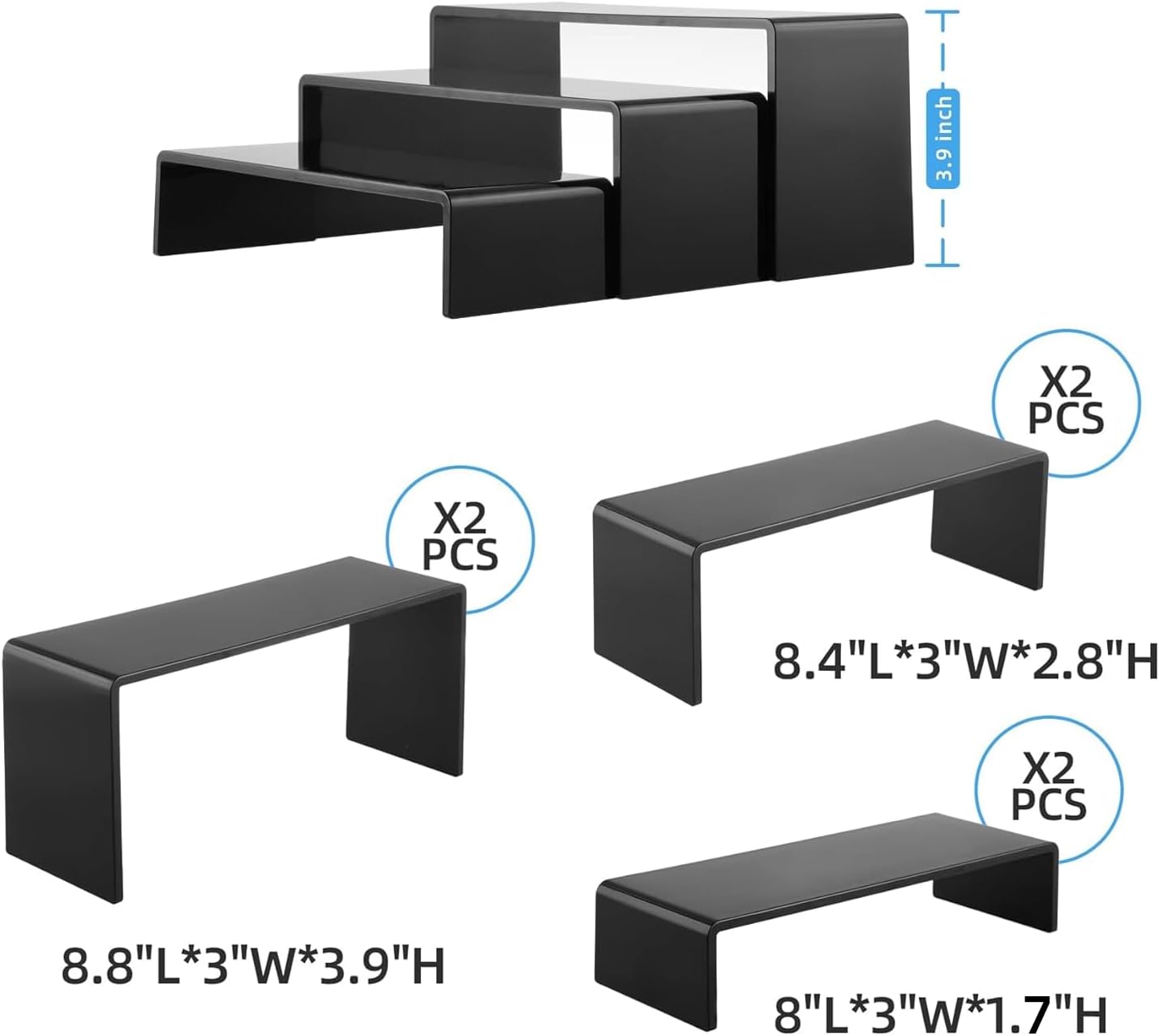 Clear Risers Display Stands / Black / Regular 2 Sets Rectangle / Set of 12