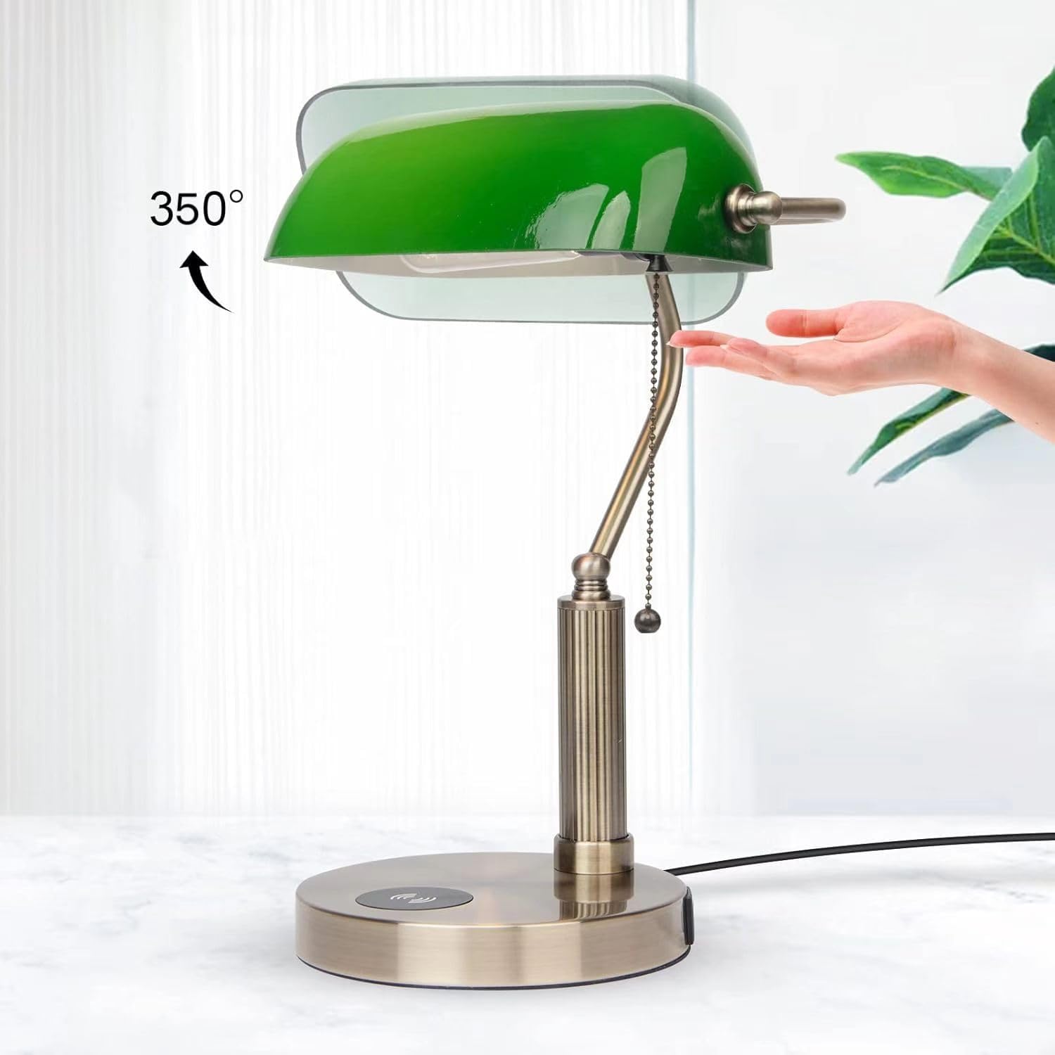 FIRVRE Glass Bankers Desk Lamp,USB Wireless Charging Port LED Desk Lamp, Classic Retro Pull Chain Switch Table lamp