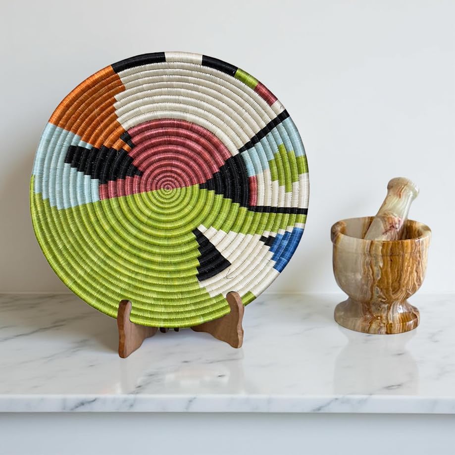 Handwoven African Sisal Basket Bowl Handmade Woven Fruit Bowl / Green Burgundy / 10in Diameter