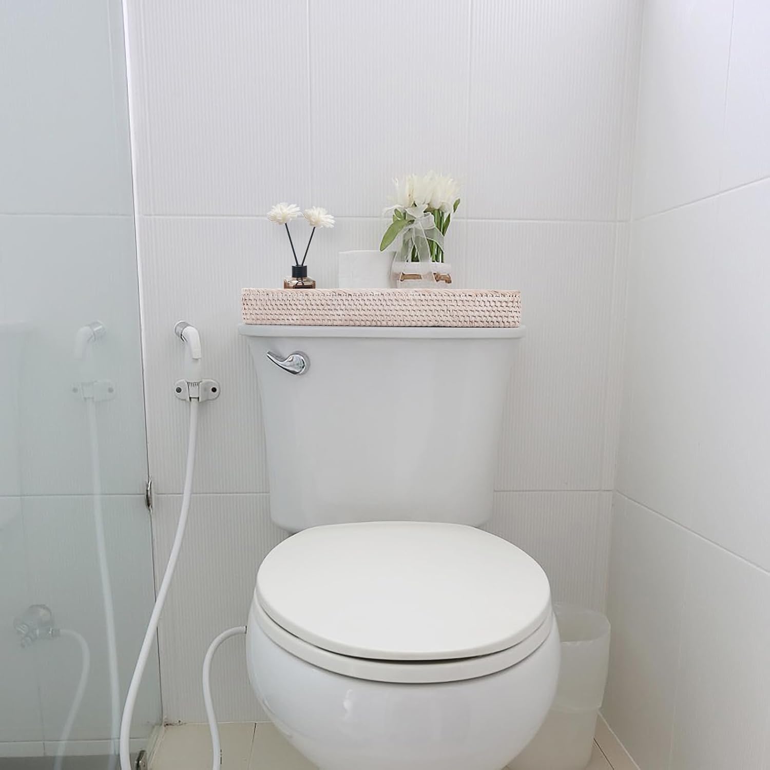 Rattan Bathroom Vanity Trays Toilet Tank Baskets Long Narrow Hand Towel / Whitewash / 16.3 x 6.1 x 2