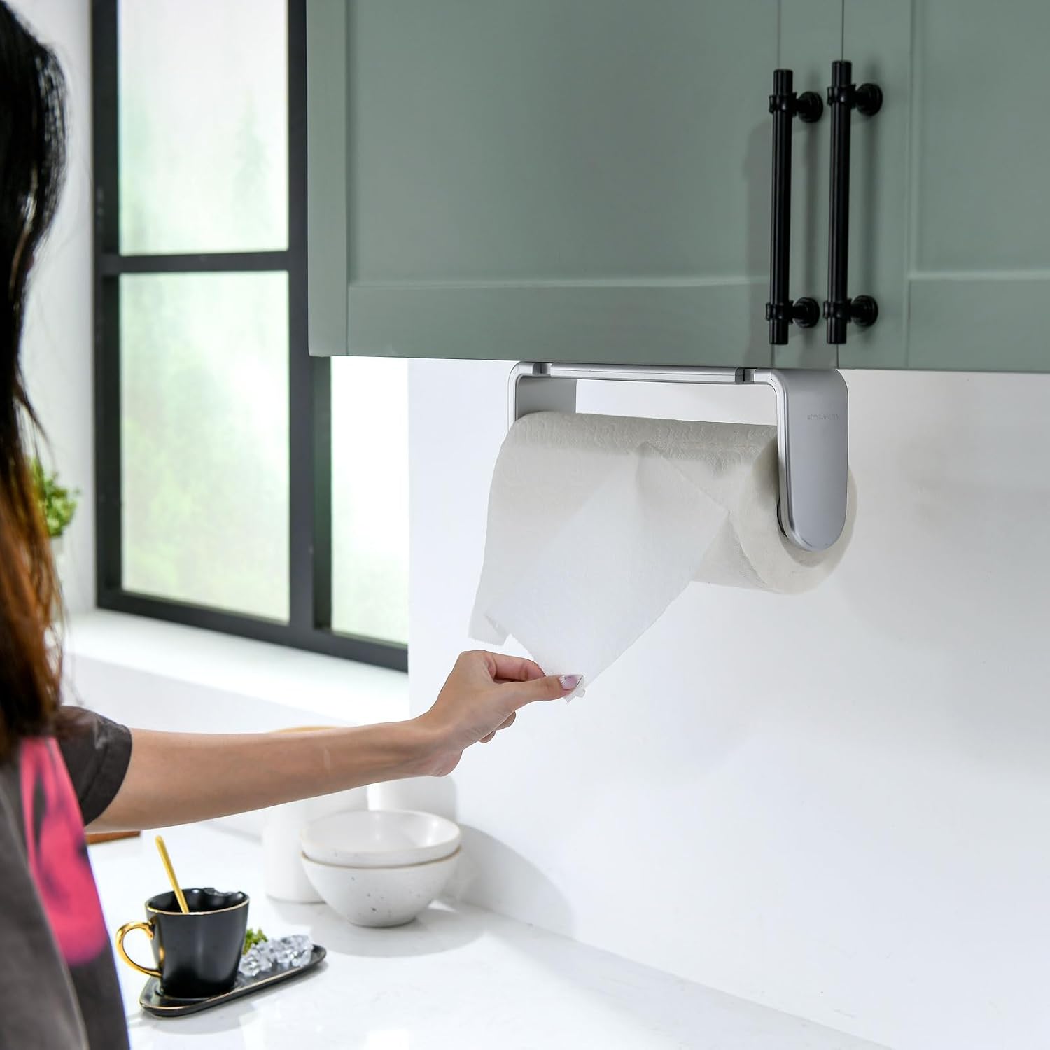 ONE Hand Tear Paper Towel Holder Under Cabinet/Wall for 9.4-11inch, Silver | adaptive adjustable tension arm | tear