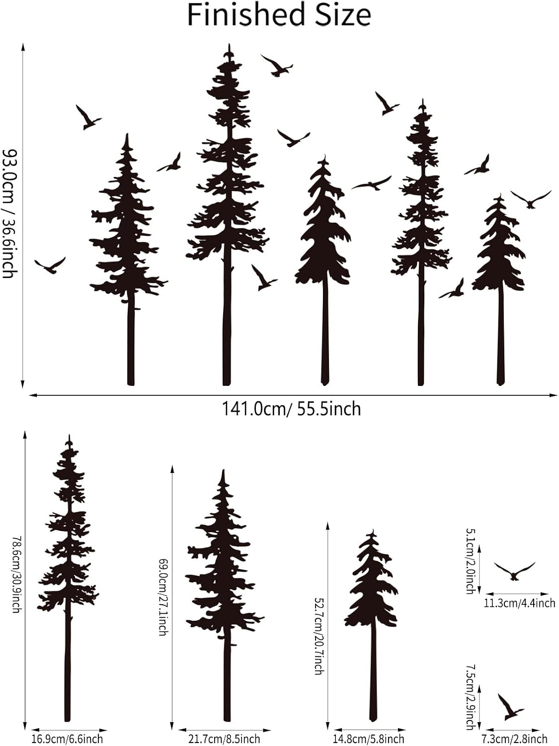 Large Pine Trees Wall Decals Forest Wall Stickers Christmas Decoration / Blcak Tree / Black