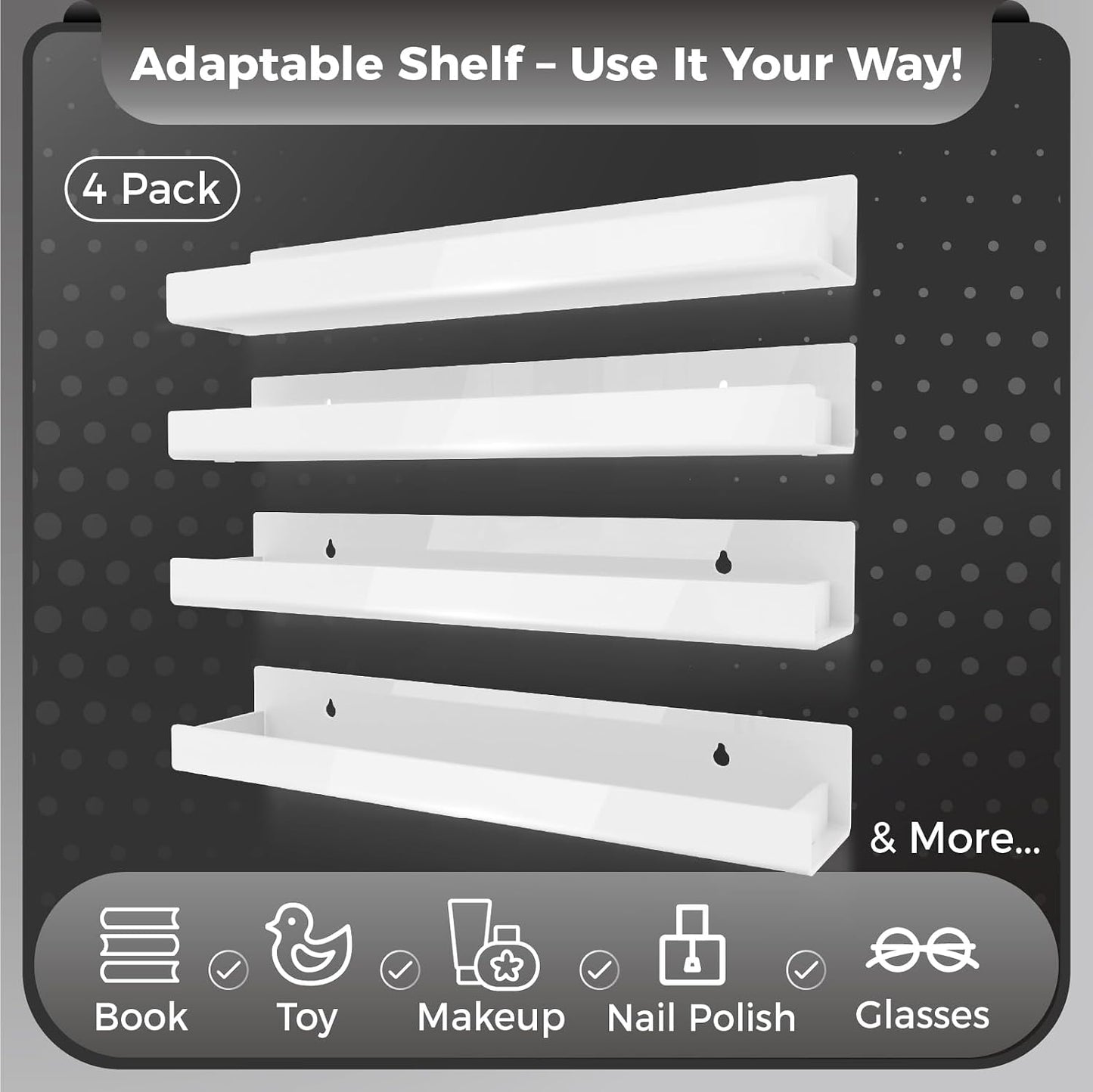 4 Pack 15 Inch White Acrylic Floating Wall Shelves, Kids Bookshelf | Modern Display Shelf for Nail Polish, Sunglasses