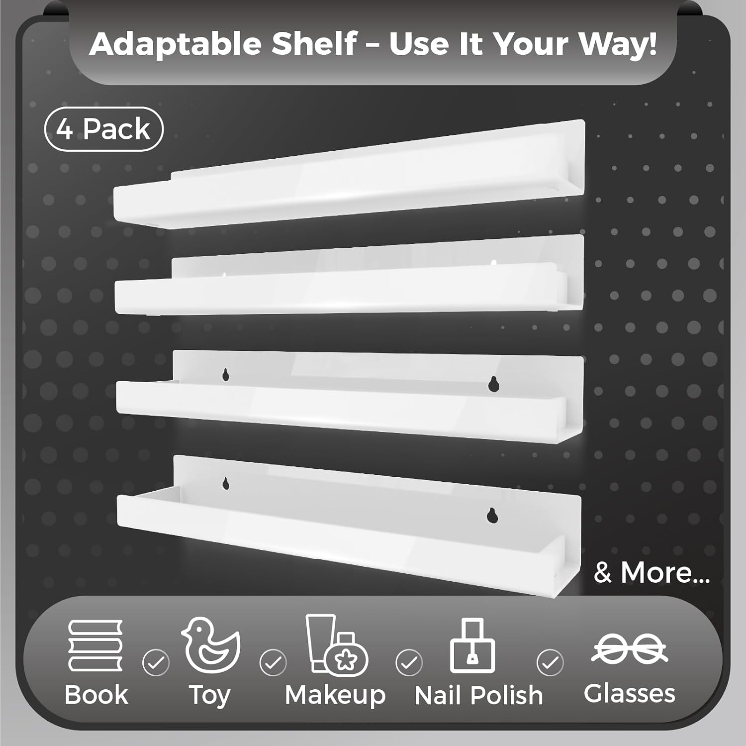 4 Pack 15 Inch White Acrylic Floating Wall Shelves, Kids Bookshelf | Modern Display Shelf for Nail Polish, Sunglasses