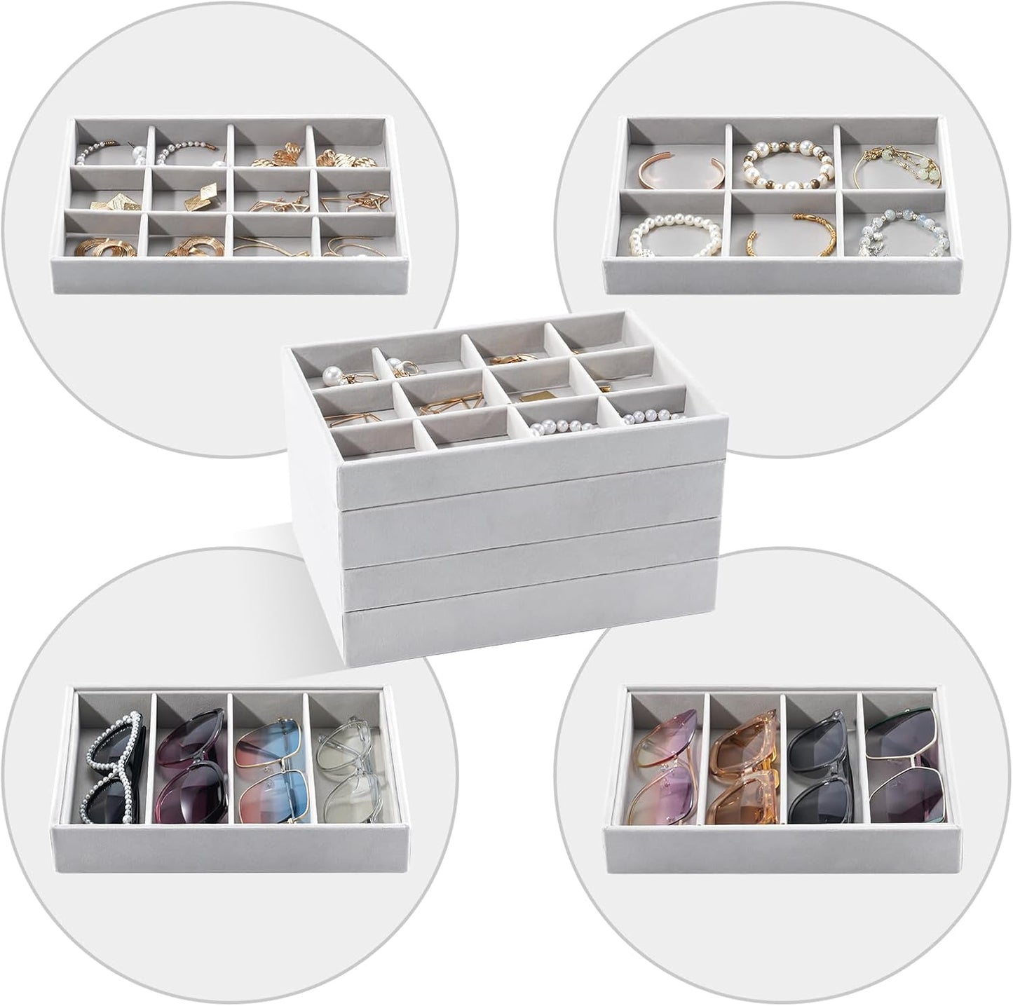 Stackable Jewelry Organizer Trays for Drawers / 4 Layers / Dark Grey