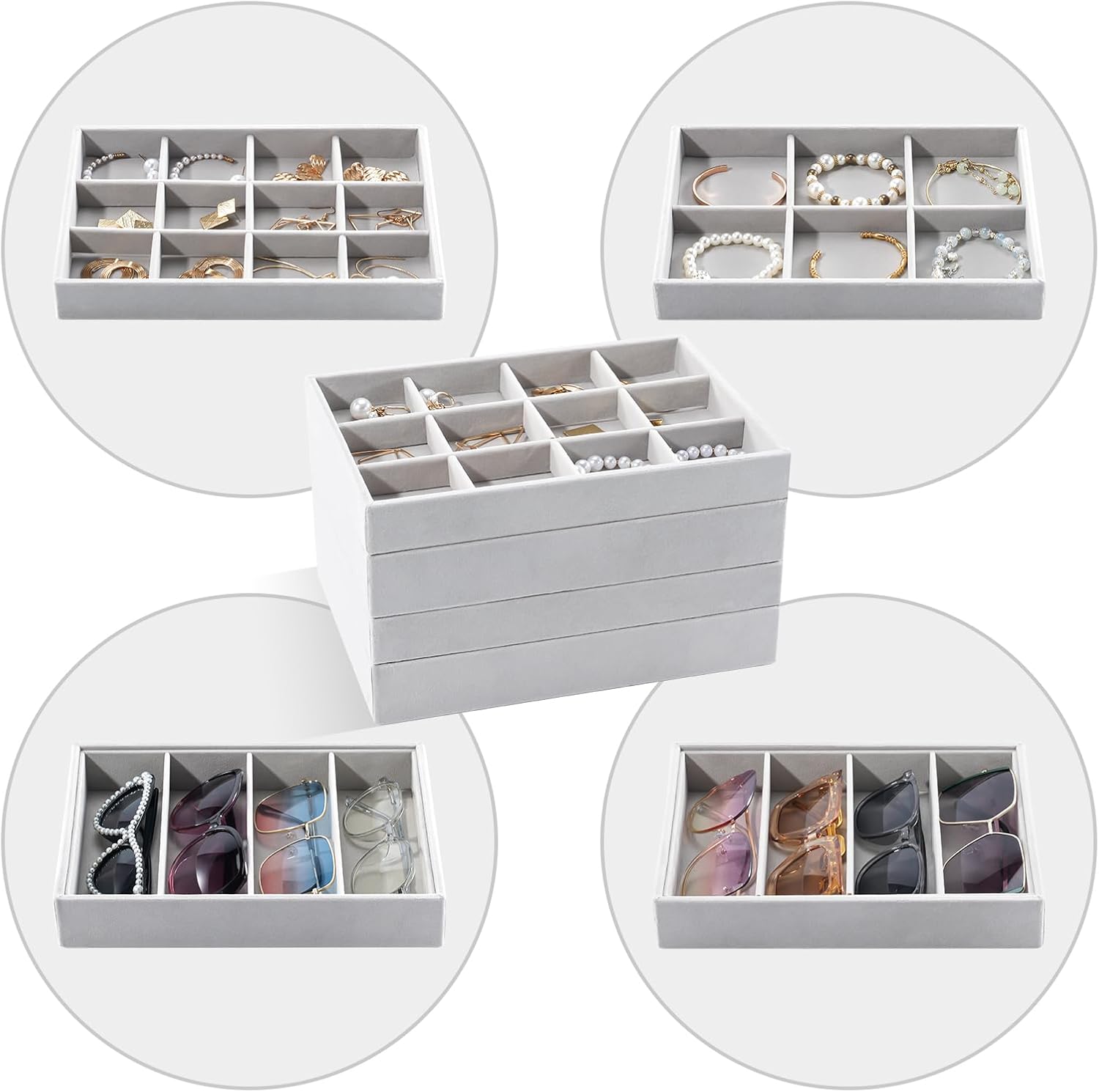 Stackable Jewelry Organizer Trays for Drawers / 4 Layers / Dark Grey